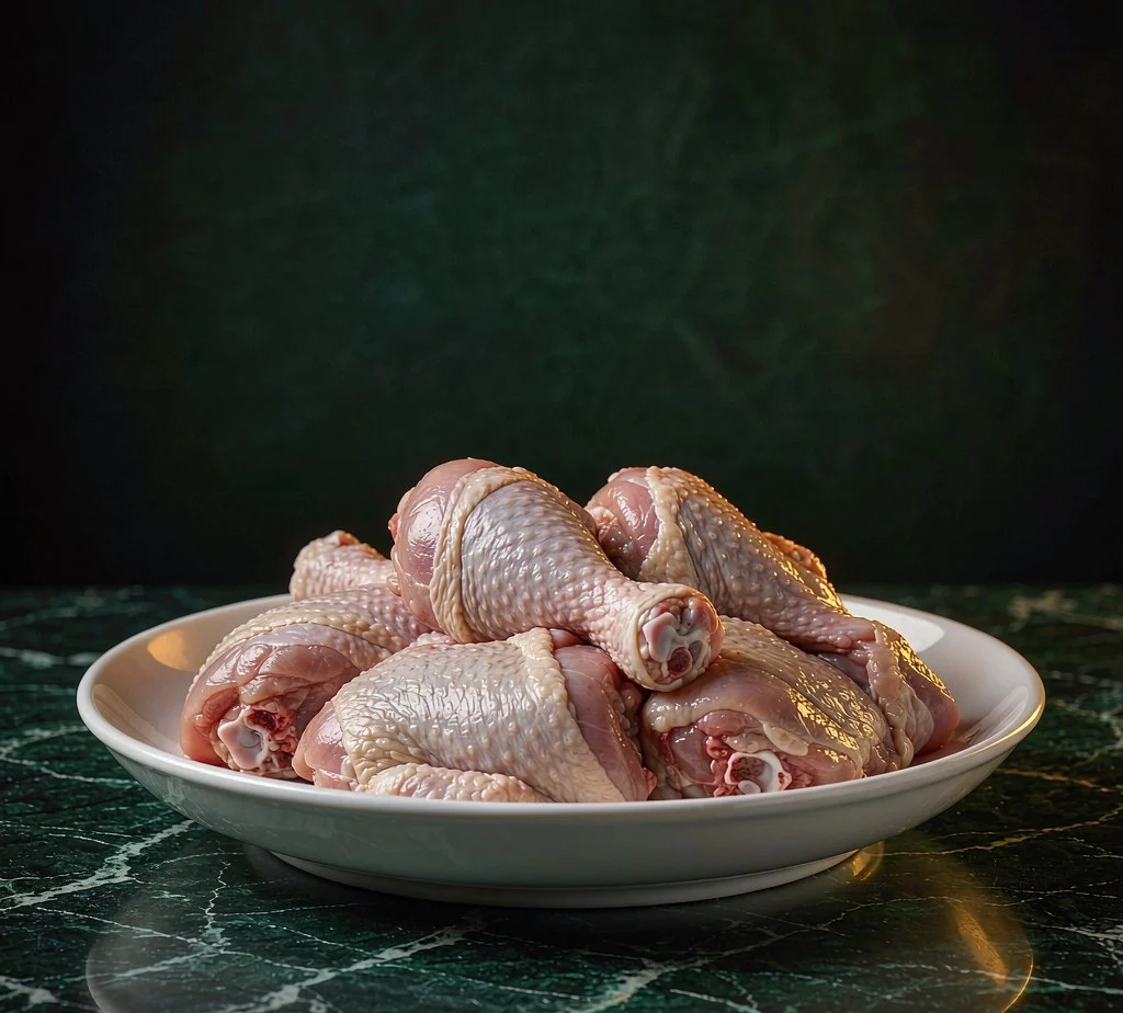 Frozen chicken drumsticks and leg quarters in a tray