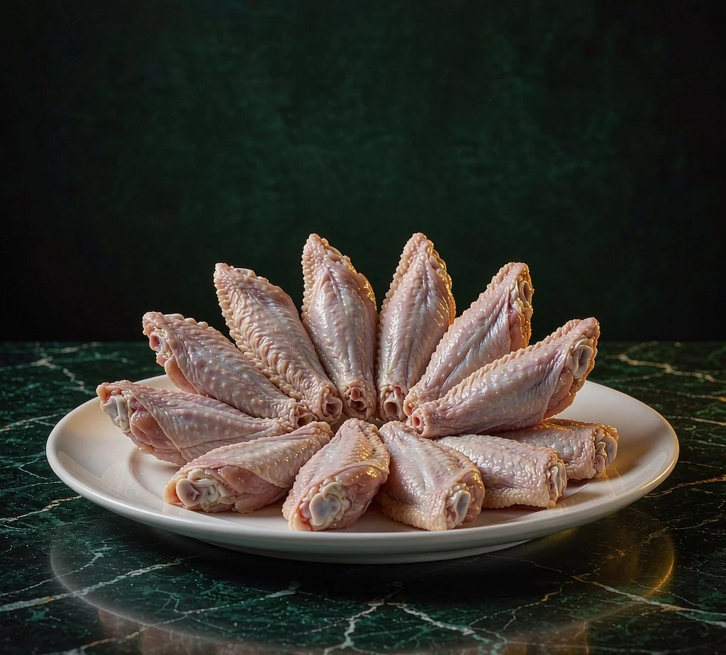 Frozen chicken mid-joint wings arranged in a tray