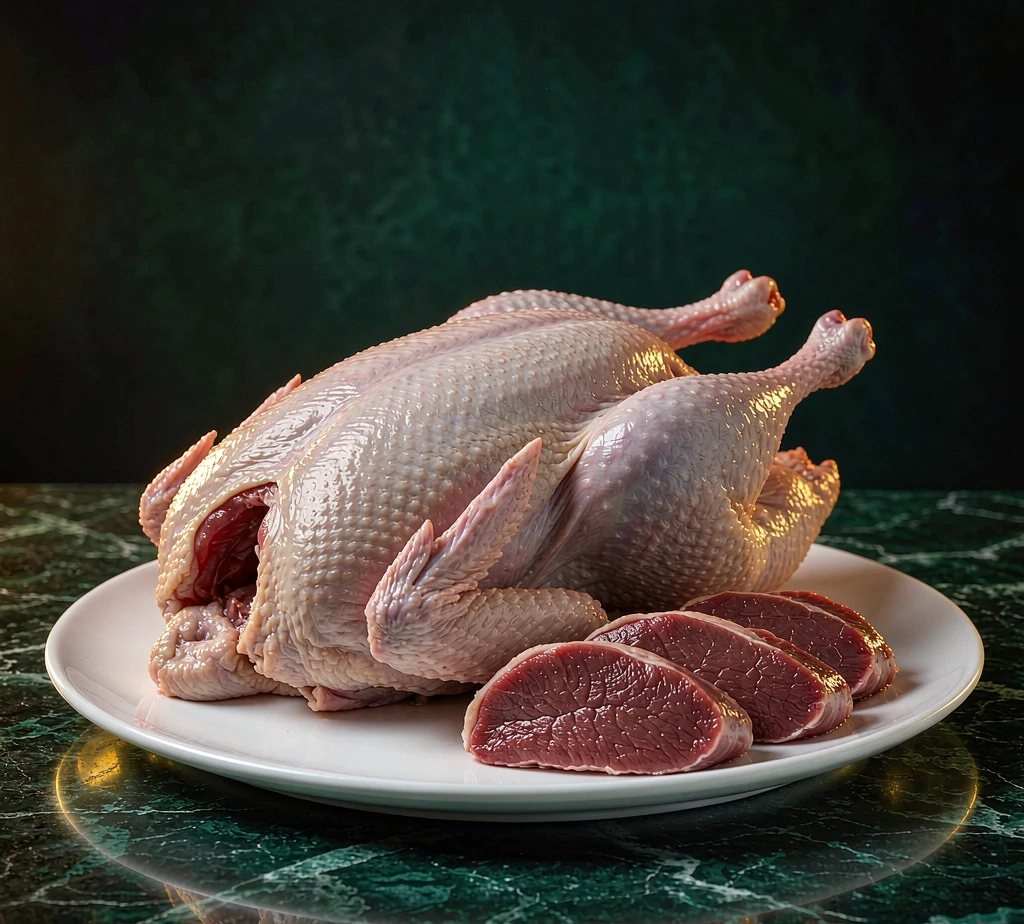 Whole raw duck and duck breast fillets on a white plate
