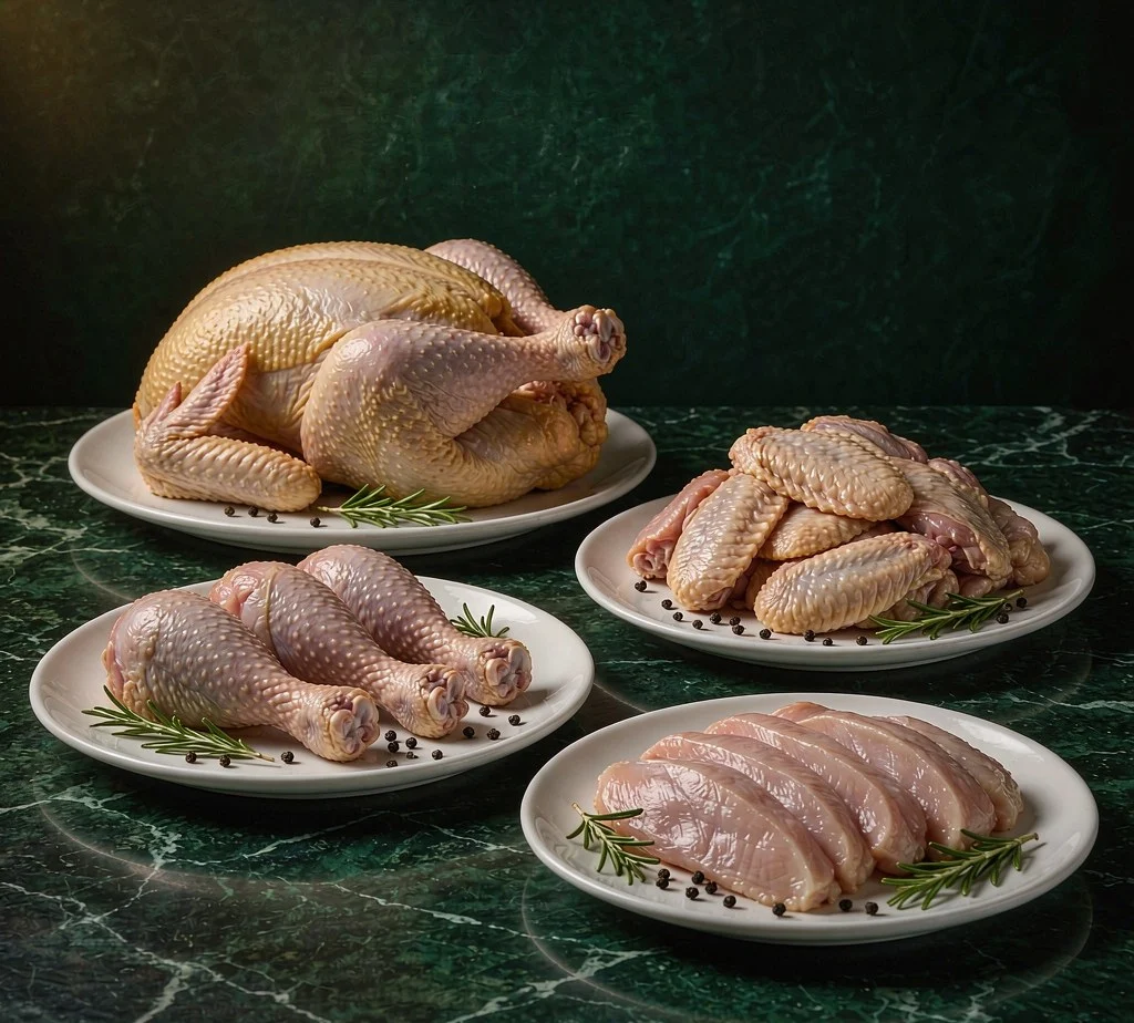 Assortment of YCE frozen chicken products: whole chicken, wings, drumsticks and breast fillets
