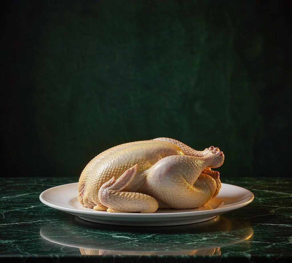 Grade A frozen whole chicken on a stainless steel tray